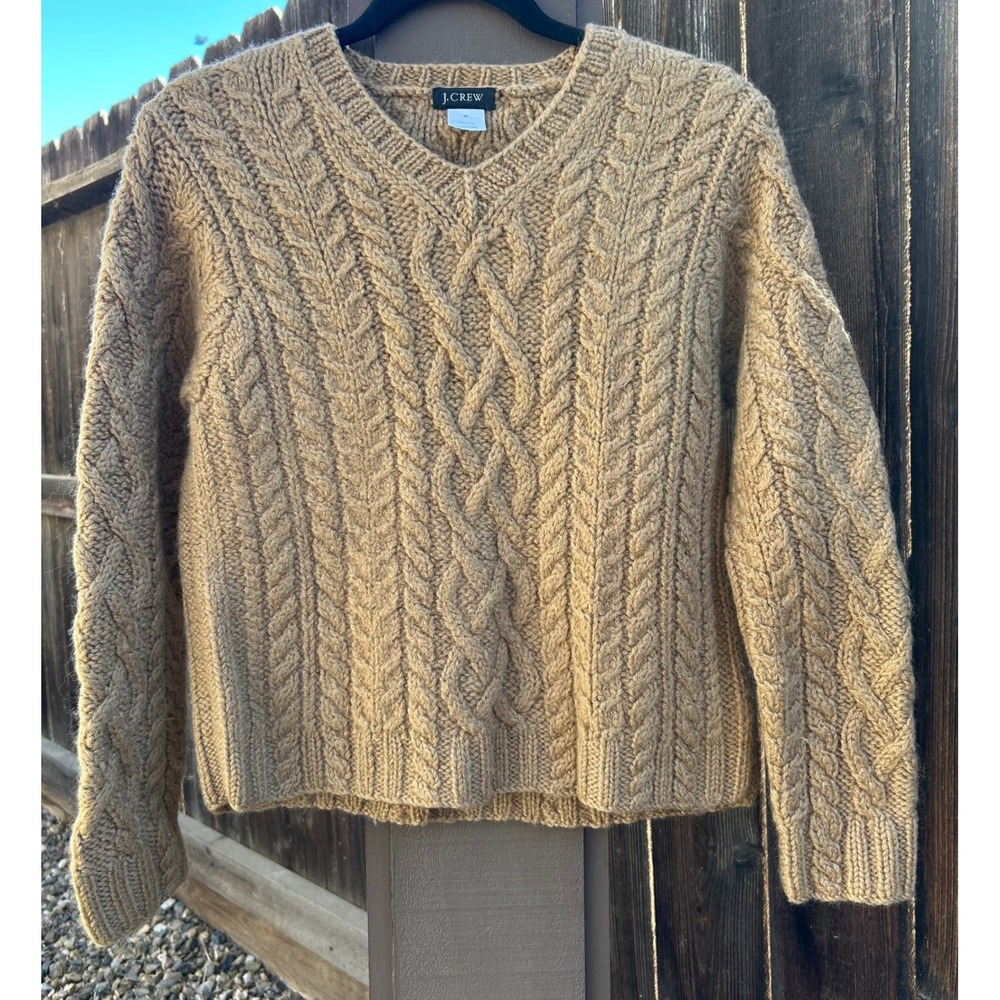J.Crew Women M 100% Wool Cable Knit V Neck Sweater Camel Fisherman Chunky